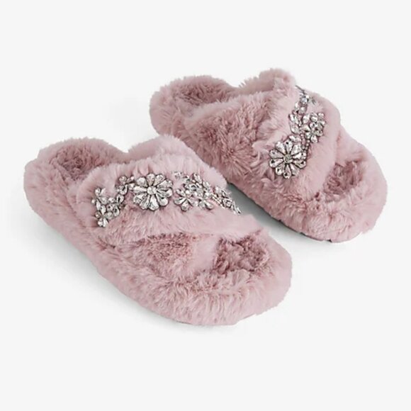 nwt EXPRESS faux fur pink rhinestone crossover slippers hard bottoms s small - Picture 1 of 1
